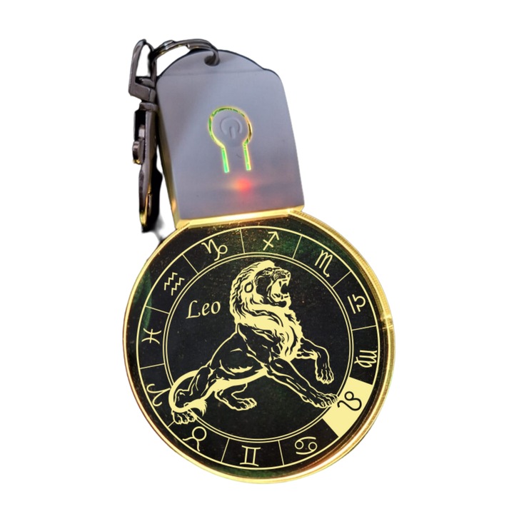 Breloc cu LED din acril - Zodia Leu rotund - horoscop cu baterie, multicolor