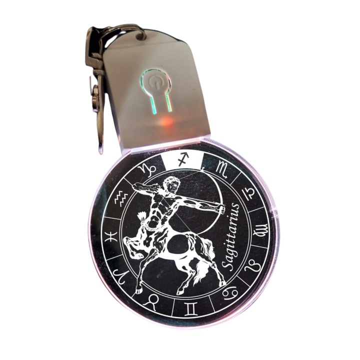 Breloc cu LED din acril - Zodia Sagetator rotund - horoscop cu baterie, multicolor