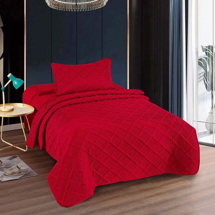 Завивка за легло UNI 160x230 см с калъфка 50x70 см, ромб, Червен