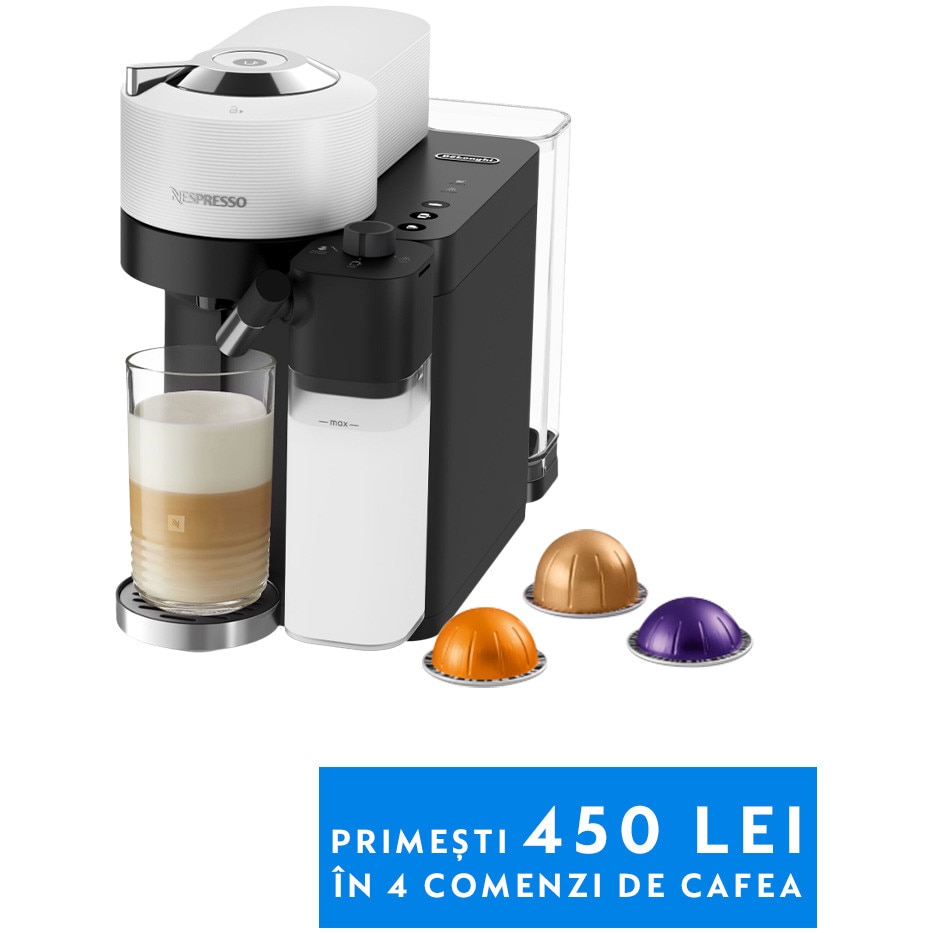 Espressor Nespresso DeLonghi Vertuo Lattissima ENV300W , 1500 W, 1.5L, Alb, set capsule degustare inclus