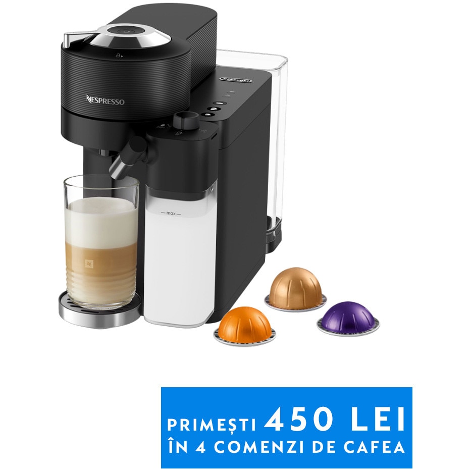 Espressor Nespresso by DeLonghi Vertuo Lattissima ENV300B , 1500 W, 1.5 L, Negru, set capsule degustare inclus