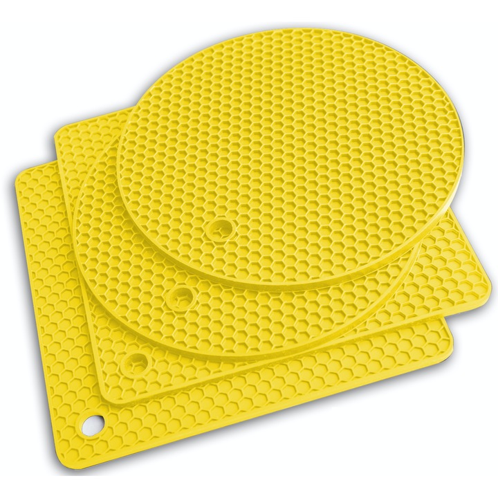Set Accesorii din Silicon pentru Bucatarie Q’s INN format din 4 piese: Suport oale fierbinti, Protectie Masa si Blat, Scurgator Vase si Manusi Termoizolante 225°C culoare Galben