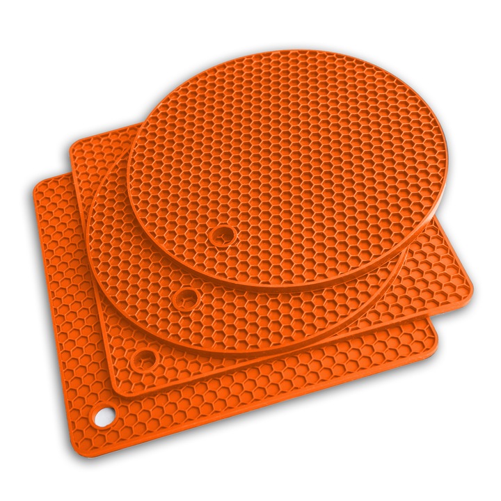 Set Accesorii din Silicon pentru Bucatarie Q’s INN format din 4 piese: Suport oale fierbinti, Protectie Masa si Blat, Scurgator Vase si Manusi Termoizolante 225°C culoare Portocaliu
