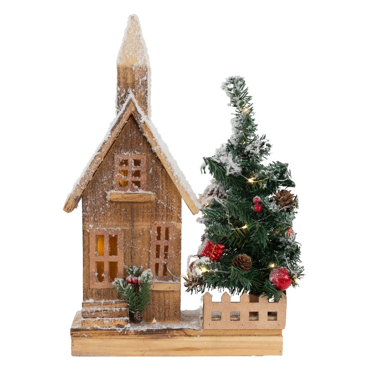 Decoratiune de Craciun, ECD-Germany, lemn,27 x 11 x 44 cm, maro, LED-urile albe calde,3 functii