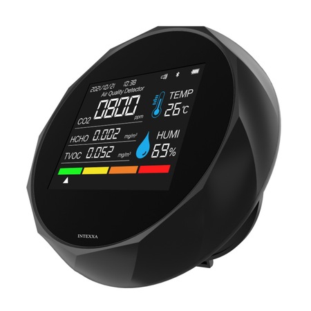 Monitor Calitate Aer Premium INTEXXA®, 6 in 1, Portabil, Detector CO2 dioxid de carbon, TVOC compusi volatili, HCHO formaldehida, Temperatura, Umiditate, Acumulator, Indicator cu 4 culori si alarma, Reincarcabil USB, Bluetooth, Aplicatie, Negru