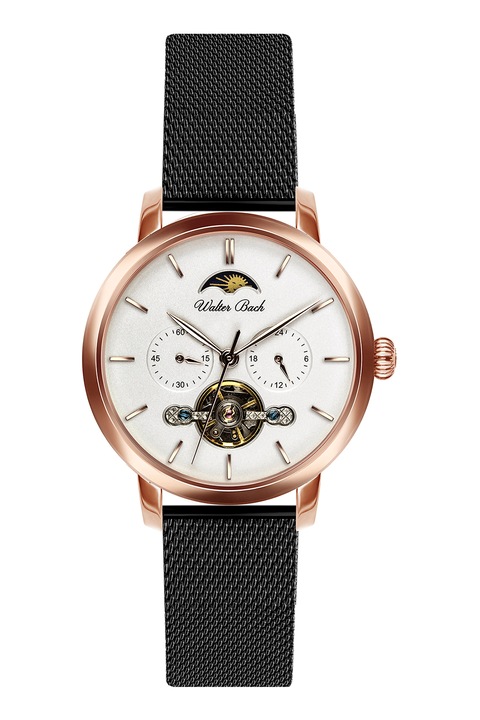 Victoria Walls, Автоматичен часовник с мрежеста верижка от неръждаема стомана, Rose Gold, Черен