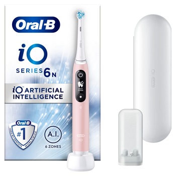 Periuta de dinti electrica Oral-B iO6 N cu tehnologie magnetica si micro-vibratii, inteligenta artificiala, display led interactiv, senzor de presiune smart, timer vizibil, 5 moduri, 1 capat, trusa de calatorie, roz