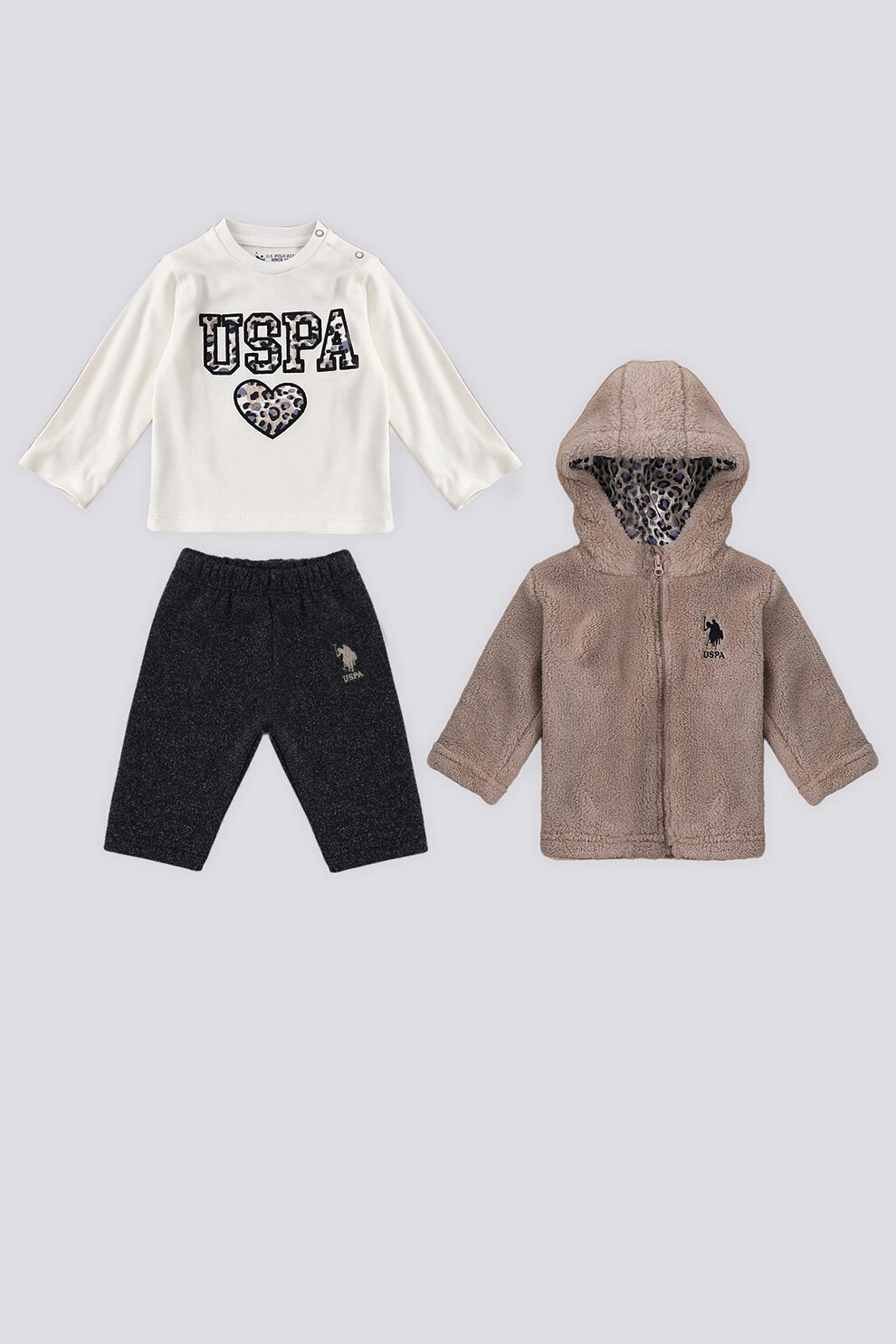 U.S. Polo Assn., Set de jacheta pufoasa, bluza si pantaloni, Alb, Maro taupe deschis, Gri antracit, 68-74 CM