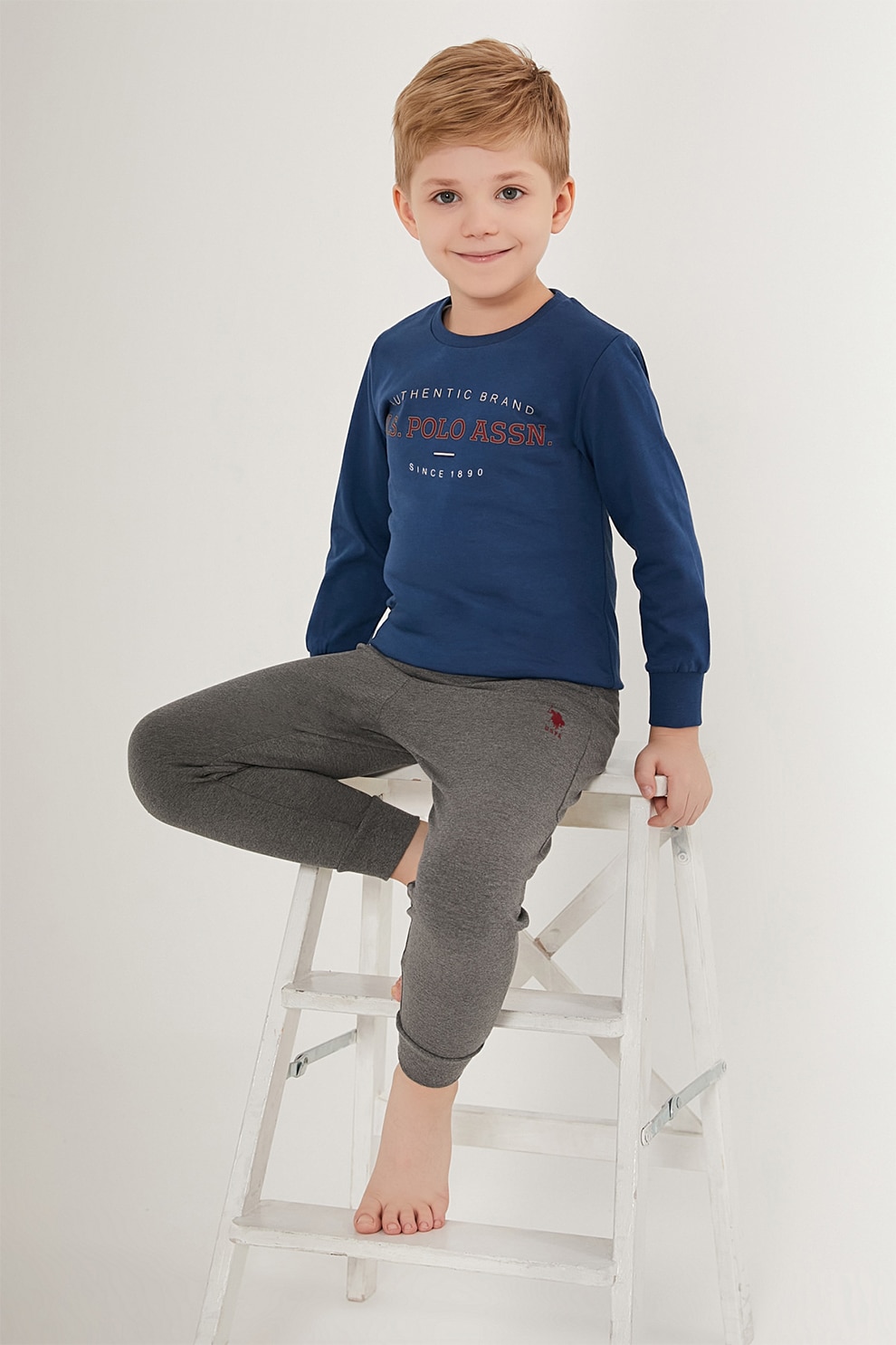 U.S. Polo Assn., Pijama de bumbac cu imprimeu logo, Albastru inchis, Gri inchis melange, 140-146 CM