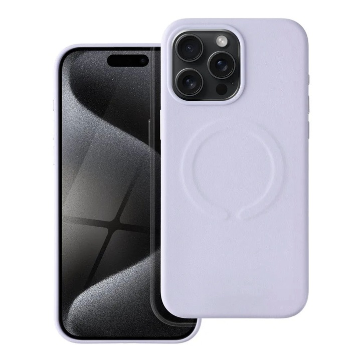 MagSafe védőburkolat Apple iPhone 15 Pro Max készülékhez, Eco-Leather, Ultra Safe Camera, Alumínium gombok, Mikroszálas, Mag Cover, Optim Protection, Lila