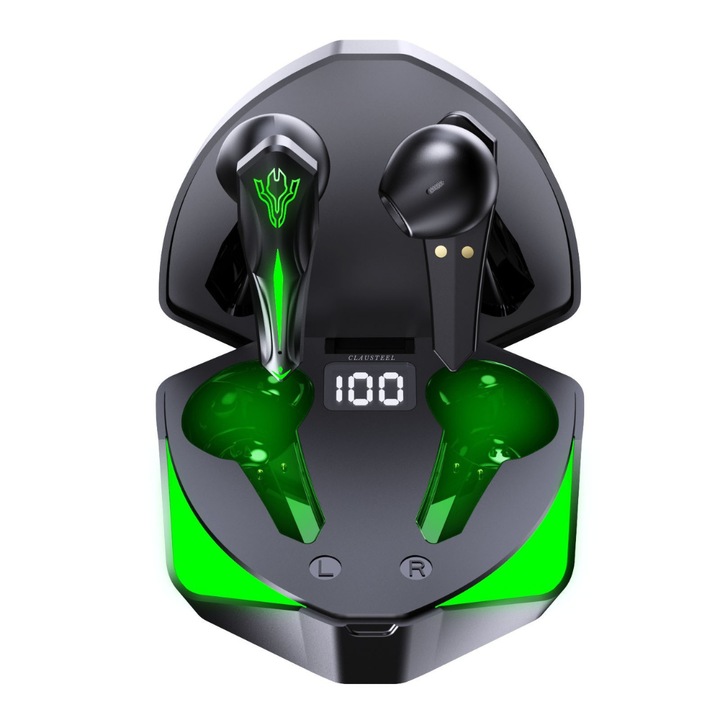 Casti Wireless Audio Gaming CLAUSTEEL Q35, fara fir, Bluetooth 5.3, Microfon HD, Control tactil, Afisaj Digital, Functie Noise Cancellation, Iluminare Led RGB, IPX7, Mod Joc-Muzica, Autonomie 5-6 ore