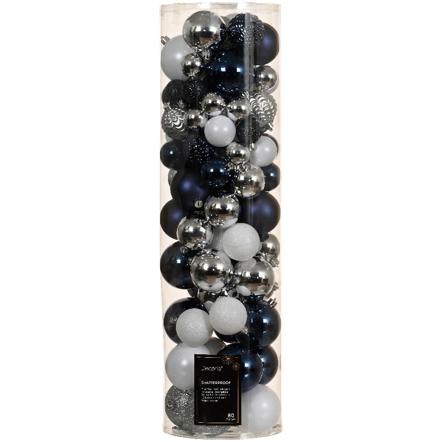 Set 80 globuri Craciun Decoris, plastic, dimensiuni variate, forma rotunda, argintiu/albastru/alb