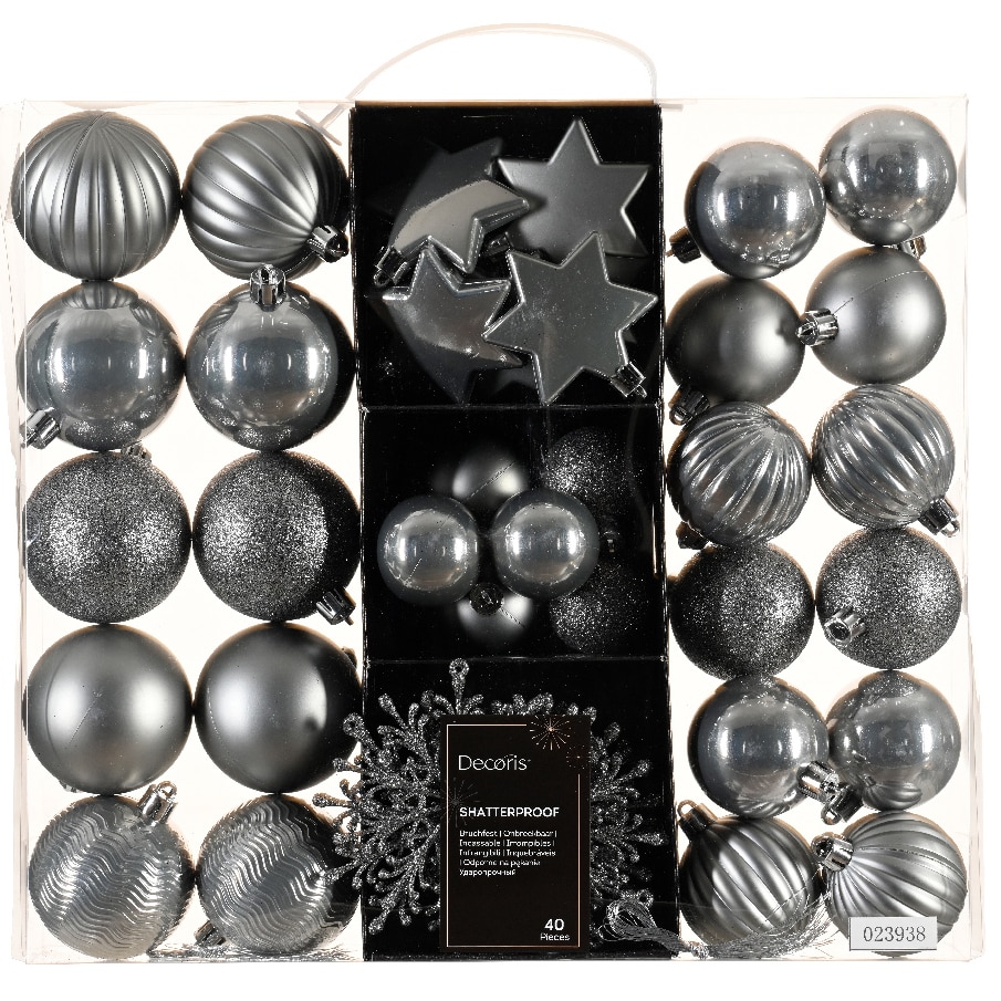 Set 40 globuri Craciun Decoris, plastic, dimensiuni variate, gri