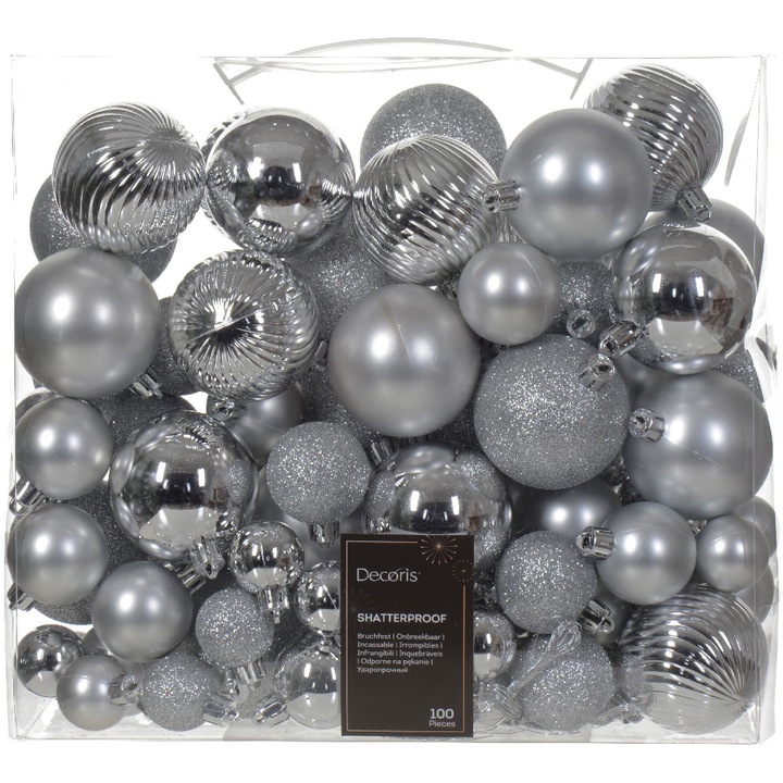 Комплект 100 коледни топки Decoris, Пластмаса, Различни размери, Сребрист