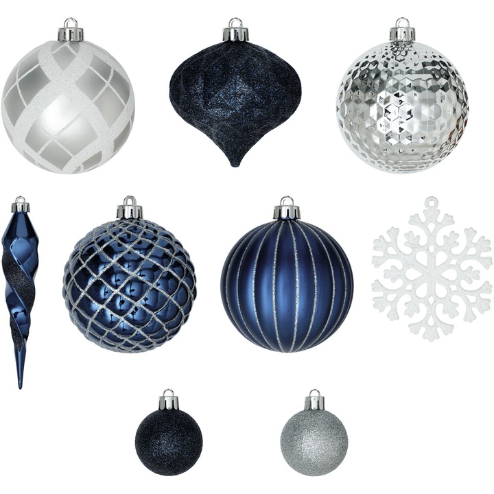 Комплект 50 коледни топки Decoris 029591, Пластмаса, 8 см, Син