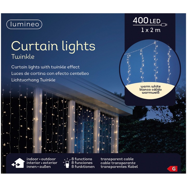 Perdea luminoasa Craciun Lumineo, 100xH200 cm, 400 LED-uri cu lumina alba, calda
