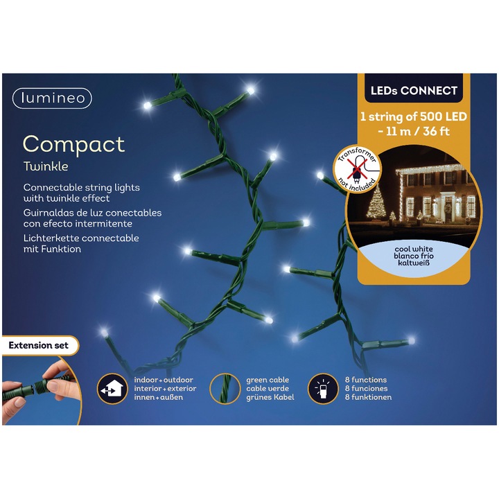 Instalatie Craciun Lumineo 495770, 500 x 3mm led, lumina rece, 11 m