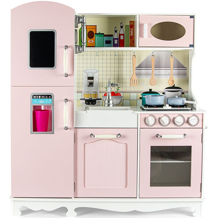 Leomark Bucatarie copii din lemn Pink Vintage roz, bucatarie copii mare cu accesorii, aragaz cu sunet si lumina, chiuveta, cuptor, aparat gheata si telefon, set complet bucatarie copii, MDF, +3 ani, 97.5x31x103 cm