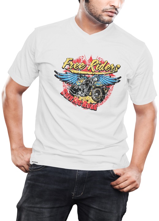 Tricou barbati, Motrix, V-neck - Free riders, Alb