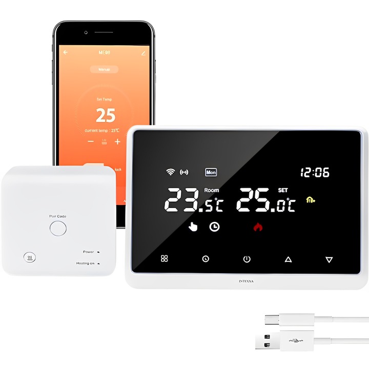 Termostat Ambient Inteligent INTEXXA®, Smart, fara fir, Touchscreen, Compatibil cu orice Centrala Gaz Lemne Peleti, Wifi, Programabil din aplicatie pe telefon pe zi/saptamana, Tuya App si Smart Life, Control Vocal, Negru