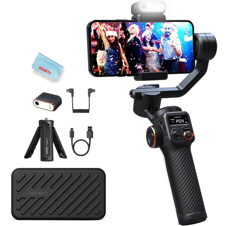 Sistem de stabilizare imagine pentru smartphone, stabilizator gimbal cu 3 axe, display OLED, lumina continua cu senzor AI, mini trepied, incarcare 400 g, Hohem iSteady M6