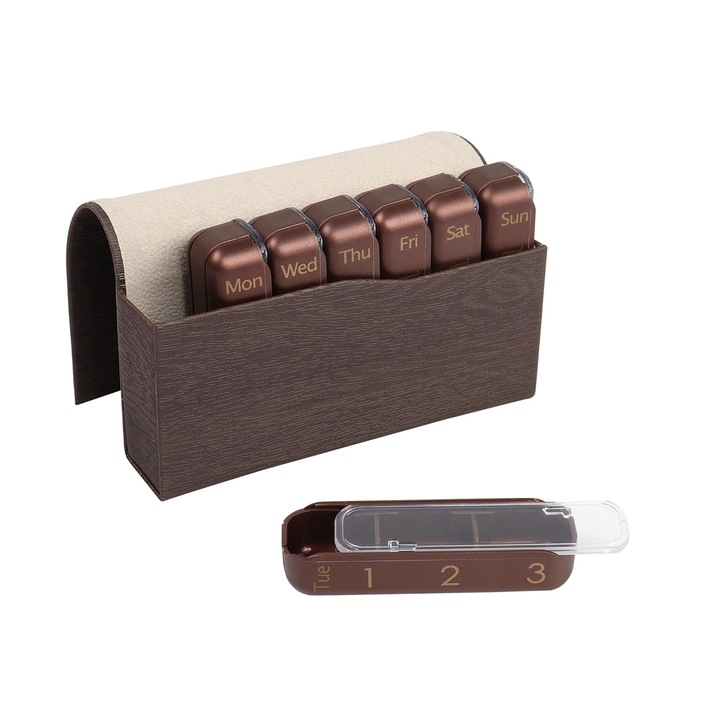 Cutie organizator medicamente Deluxe, QUANDES®, 7 zile, 28 compartimente, geanta suport, 12x8x3cm, marou, PU piele