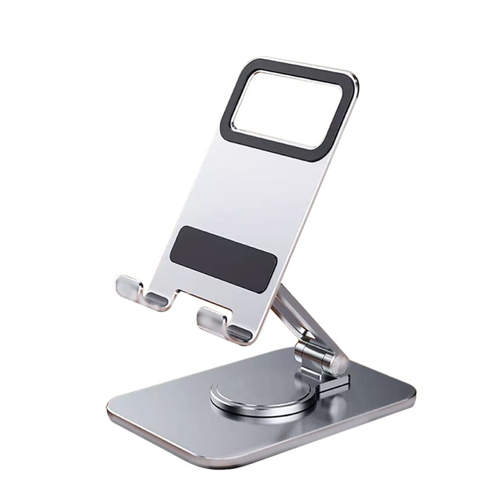 MTP Алуминиева стойка за телефон/таблет, въртяща се на 360 градуса основа, сгъваема, регулируем ъгъл на наклон, сребриста