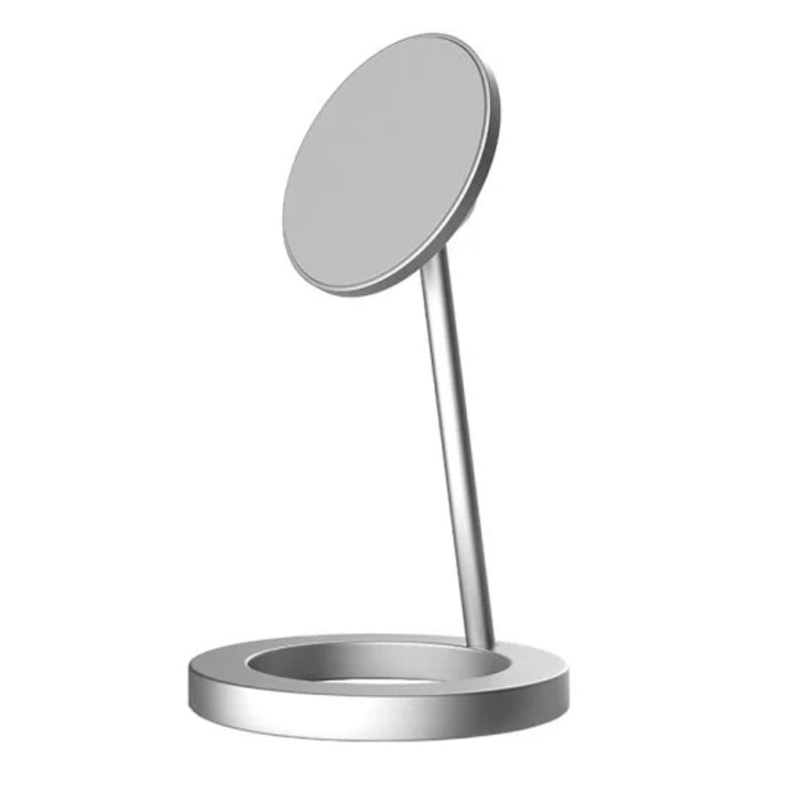 MagSafe kompatibilis alumínium MTP mágneses állvány, 360 fokban forgatható talp, mágneses markolat, összecsukható, állítható dőlésszög, ezüst