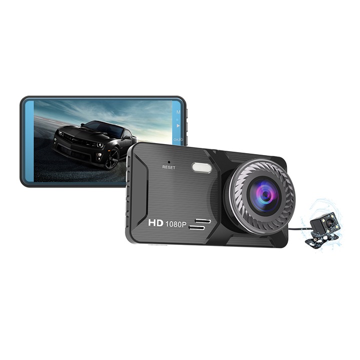Camera Video Auto Dubla EverQ®, Full HD 1080P, Display 4.0 Inch Touchscreen, Unghi Mare De 170°, G Sensor, Slot Card Max. 32GB, Detectarea Miscarii, Neagra