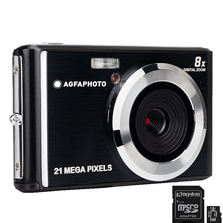 AgfaPhoto DC5200 21MP HD 720p kompakt fényképezőgép csomag, fekete, 32 GB kártya
