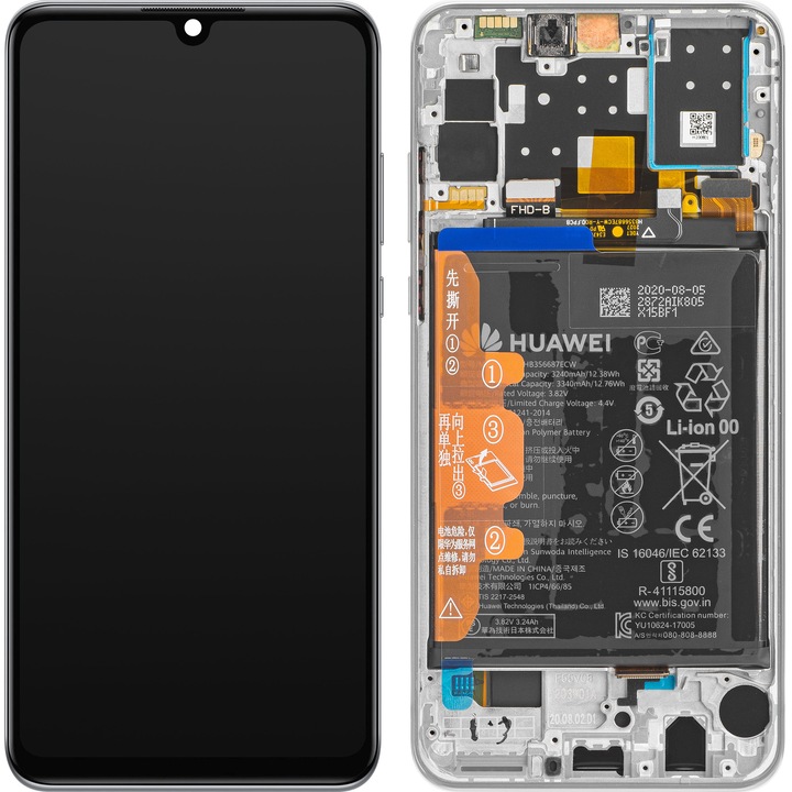 Huawei P30 lite érintőképernyős kijelző, kerettel és akkumulátorral, 32 MP-es előlapi kamera verzió, fehér, szervizcsomag 02352PJN