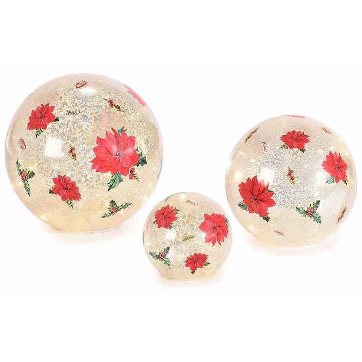 Set 3 sfere decorative Craciun sticla cu led 17.5x17 cm, 14.5x14 cm, 9.5x9 cm
