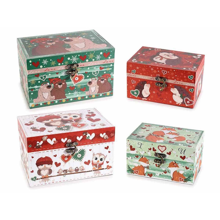 Set 4 cutii decorative Winter Love lemn 20x14x12 cm, 16x11x9 cm