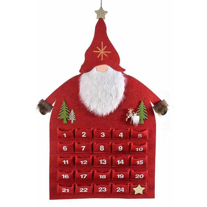 Calendar Advent Craciun textil rosu alb 46x68 cm