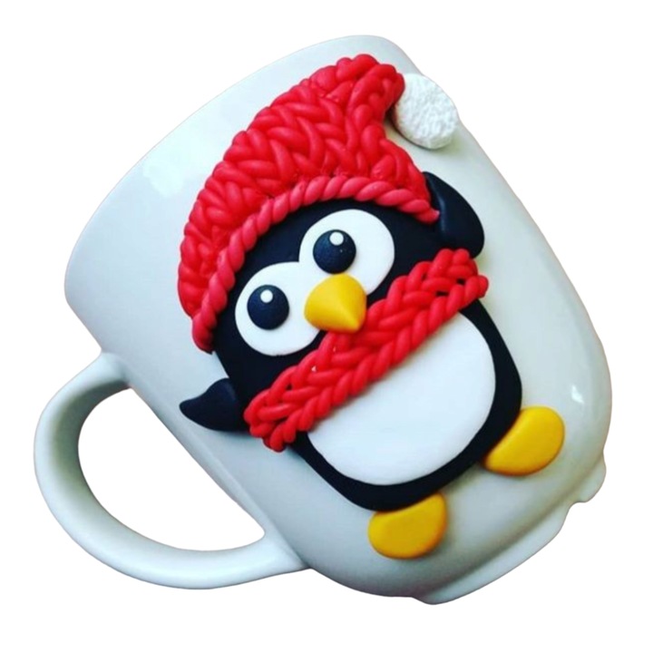 Cana de Craciun cu lut polimeric Fimo, Handmade, "Pinguin", 350 ml