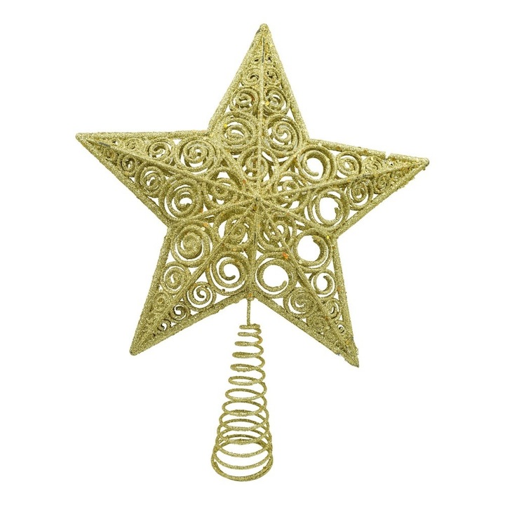 Varf decorativ de brad, Auriu, in forma de Stea, design spiralat, din Plastic/Metal, 29 cm x 38 cm, Interior/Exterior, toolsy