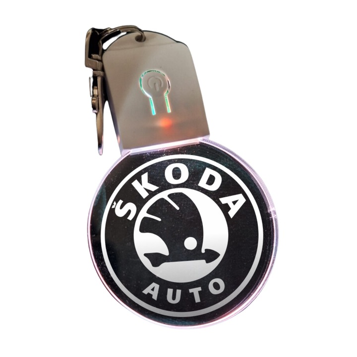 Akril LED kulcstartó - Skoda autó akkumulátorral, kerek, tarka