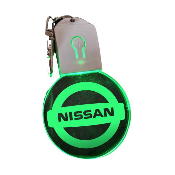 Breloc cu LED din acril - Nissan auto cu baterie, rotund, multicolor