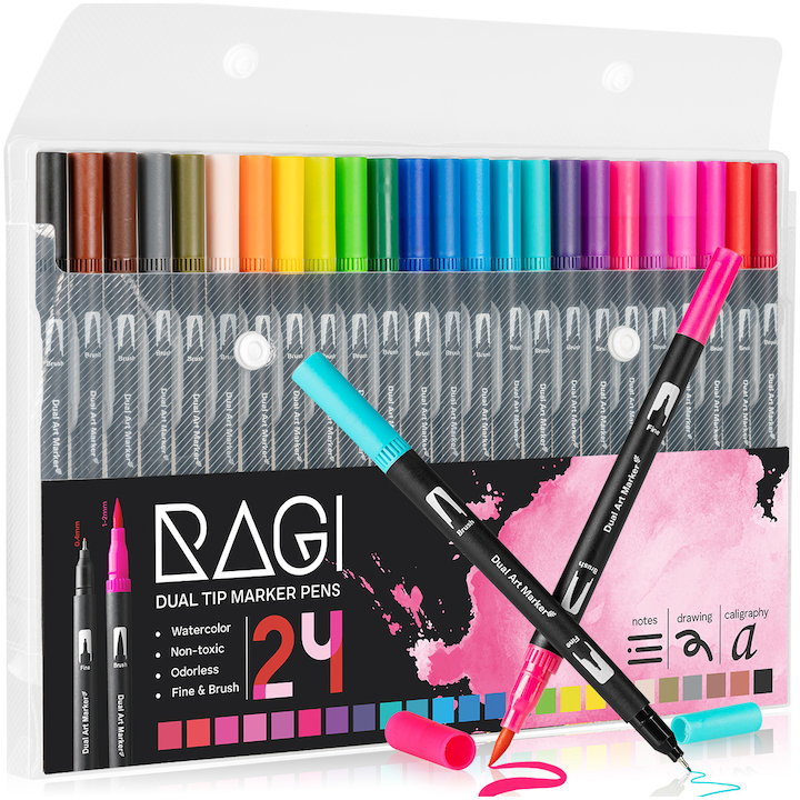 Set 24 Carioci Acuarela RAGI, Brush Pen Pro, Varfuri DUBLE (Pensula 1-2mm si Fineliner 0.4mm), Cerneala pe Baza de Apa, Non-Toxice, Fara Miros, Culori Vii si Rezistente, pentru Artisti, Caligrafie, Ilustratie, Bullet Journal, Manga, cu Etui