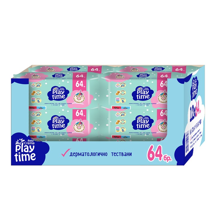 Комплект мокри кърпи Baby Crema Play Time, Зелен, Розов, 12x64бр