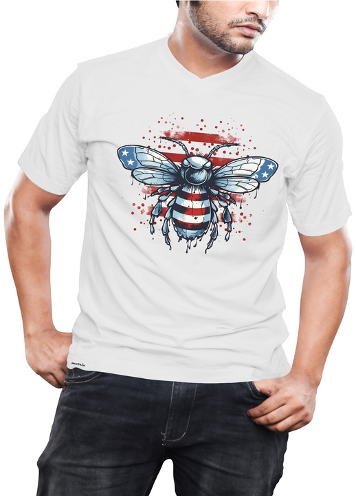Tricou barbati, Motrix, V-neck - USA bee, Alb