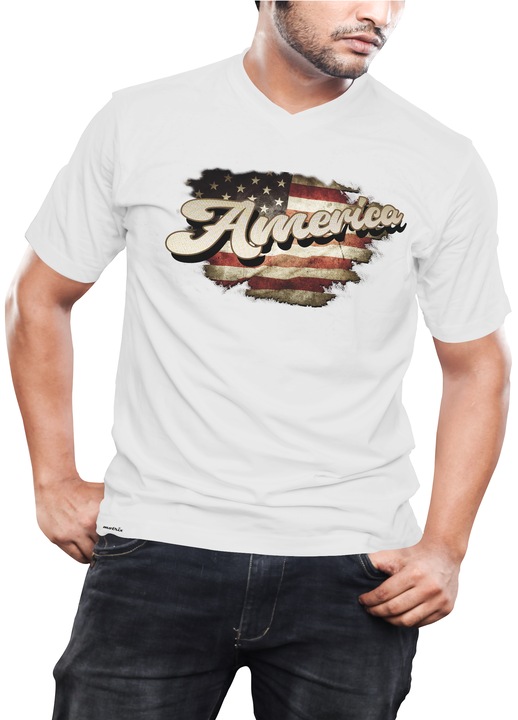 Tricou barbati, Motrix, V-neck - Vintage America flag, Alb