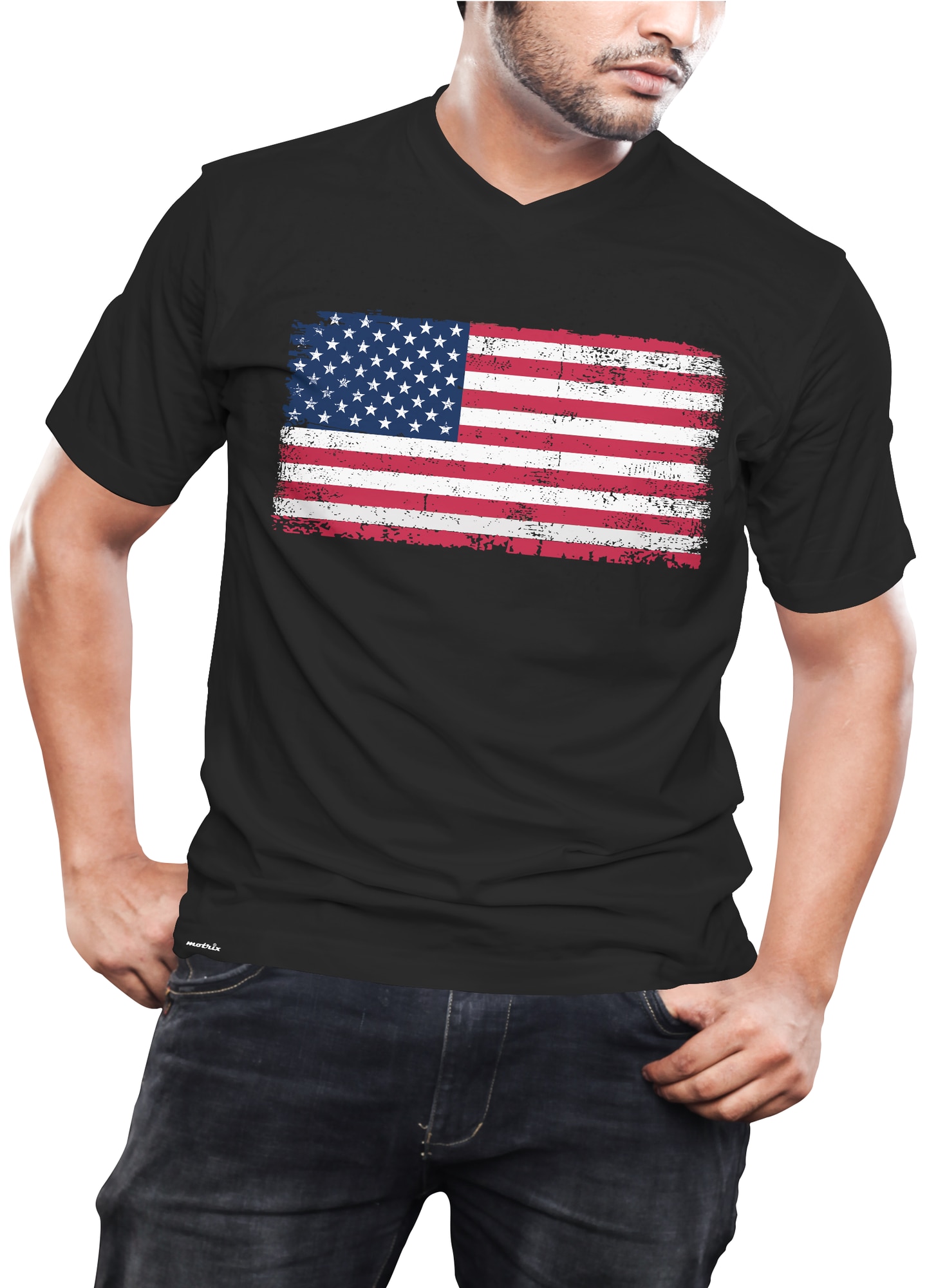 Tricou barbati, Motrix, V-neck - Vintage America flag, negru