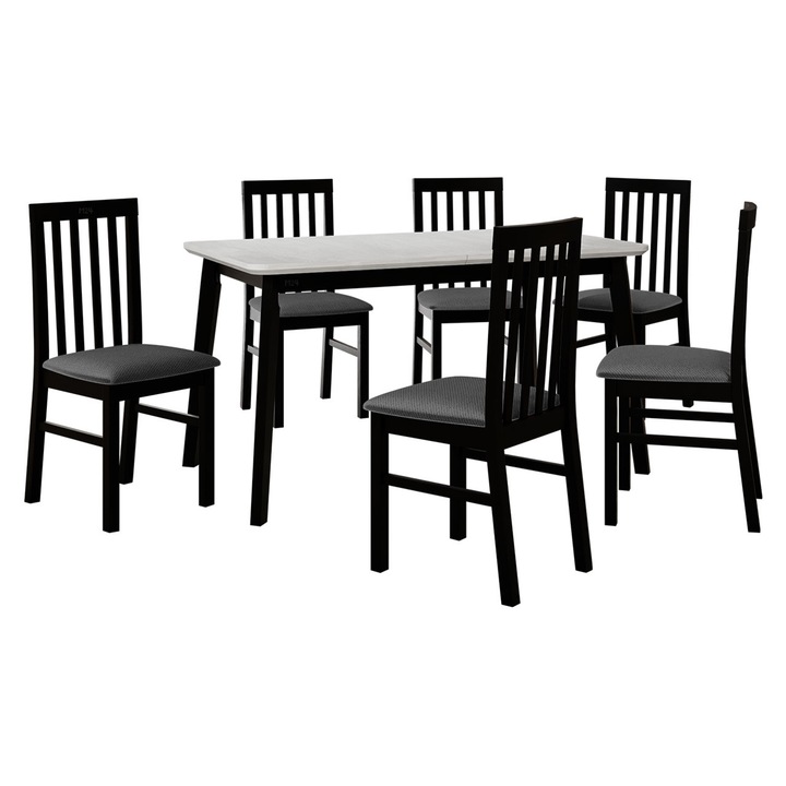 Set mobila bucatarie AL016, Masa extensibila Harry 80 x 140/180 VII cu 6x Scaun Figaro I, MIRJAN 24, alb / negru / gri inchis