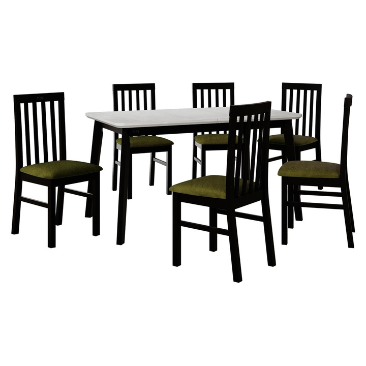 Set mobila bucatarie AL016, Masa extensibila Harry 80 x 140/180 VII cu 6x Scaun Figaro I, MIRJAN 24, alb / negru / verde