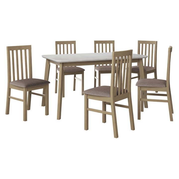 Set mobila bucatarie AL016, Masa extensibila Harry 80 x 140/180 VII cu 6x Scaun Figaro I, MIRJAN 24, alb / sonoma / maro