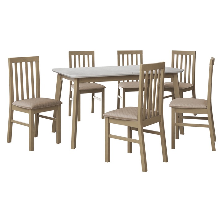 Set mobila bucatarie AL016, Masa extensibila Harry 80 x 140/180 VII cu 6x Scaun Figaro I, MIRJAN24, alb / sonoma / bej
