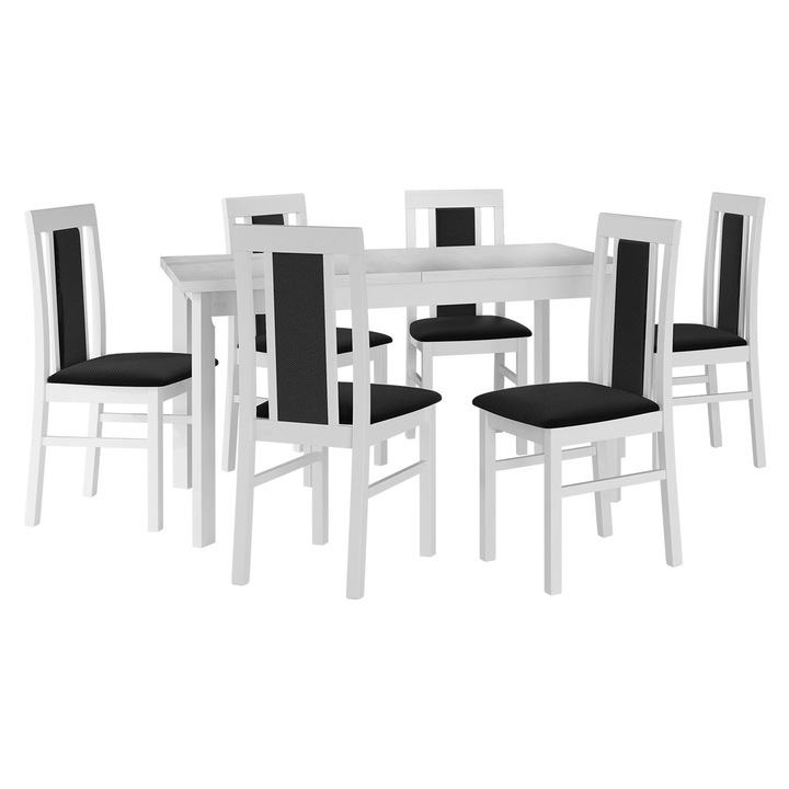 Set mobila bucatarie AL020, Masa Wood 80 x 140/180 I P cu 6x scaun Zefir II, MIRJAN 24, alb / negru