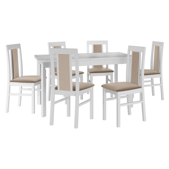 Set mobila bucatarie AL020, Masa Wood 80 x 140/180 I P cu 6x scaun Zefir II, MIRJAN 24, alb / bej