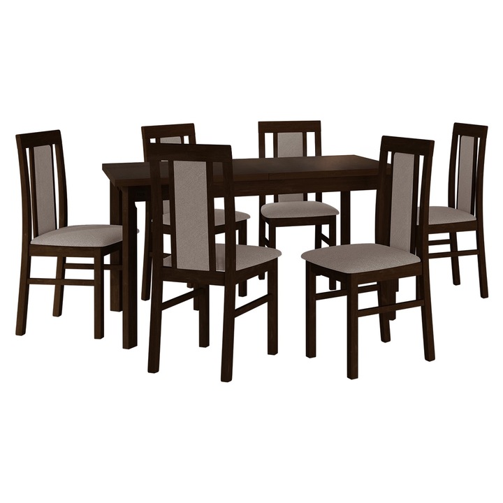 Set mobila bucatarie AL020, Masa Wood 80 x 140/180 I P cu 6x scaun Zefir II, MIRJAN24, nuc / maro